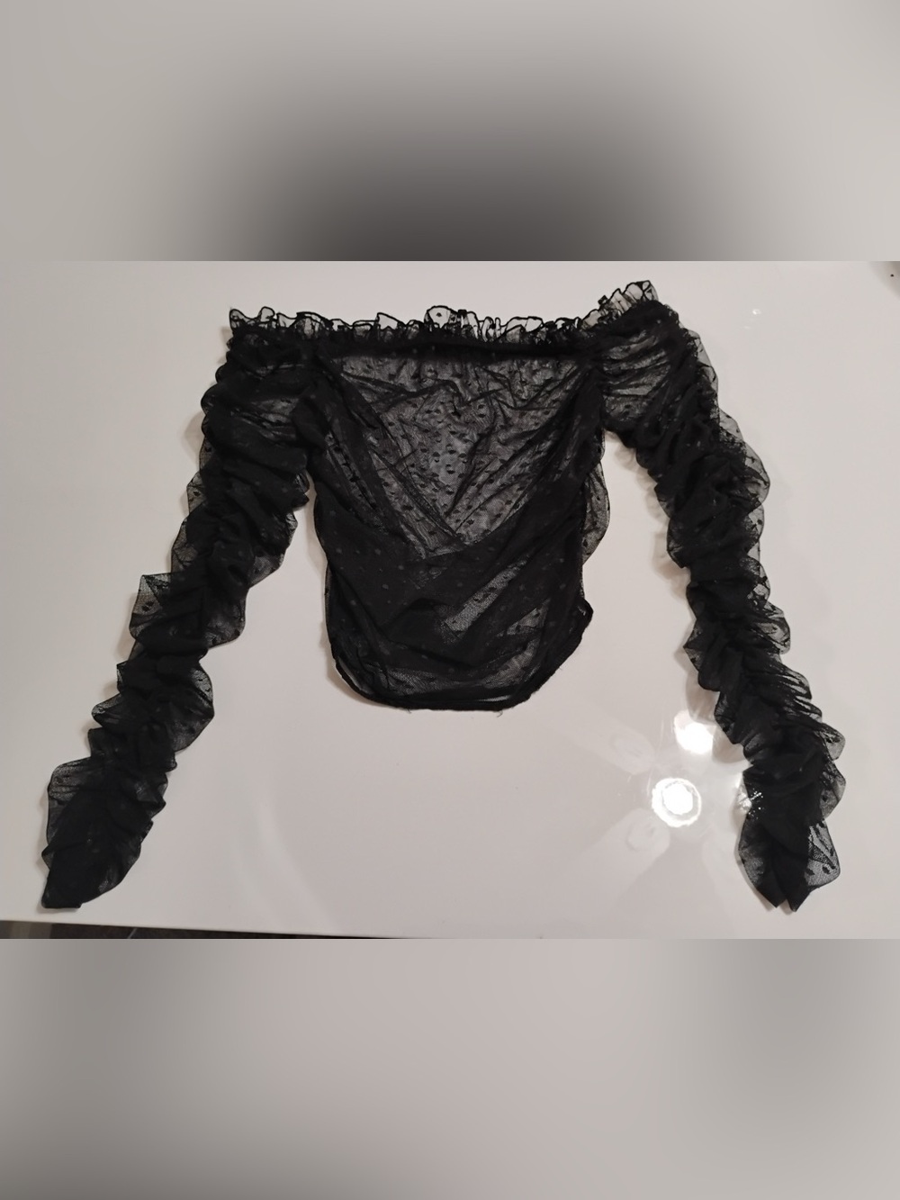 PrettyLittleThing Black Ruching Mesh Bardot Top